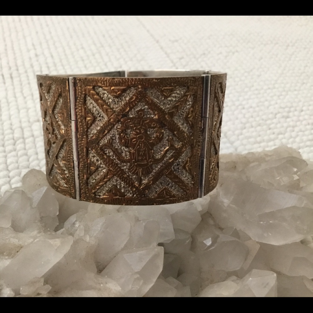 Vintage Mexican Sterling Silver & Brass Aztec Bracelet….